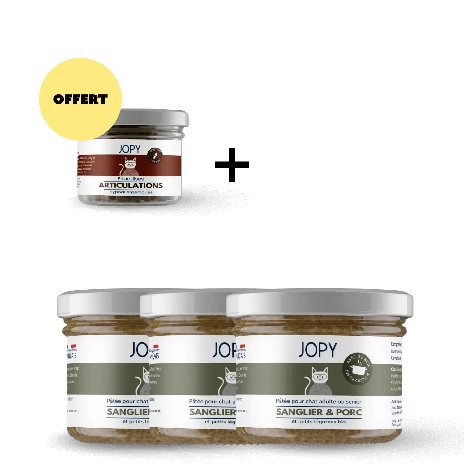 Lot de 3 Pâtées chat Sanglier & Porc + Friandises pour Chat Offertes