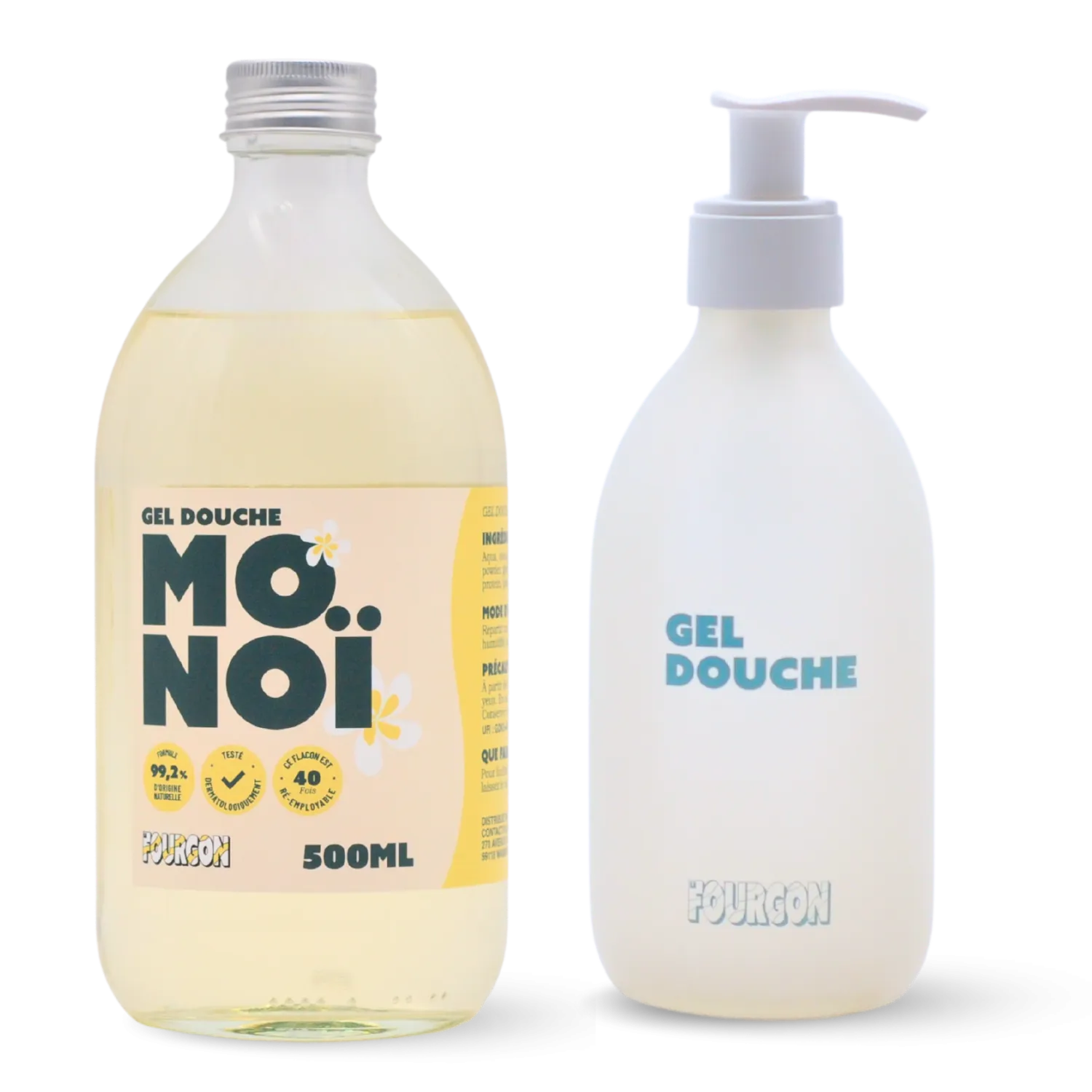Pack gel douche Monoï et flacon vide et rechargeable gel douche Le Fourgon