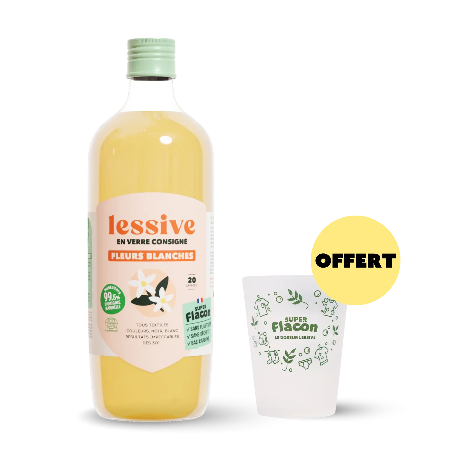 Lessive fleurs blanches & verre doseur OFFERT